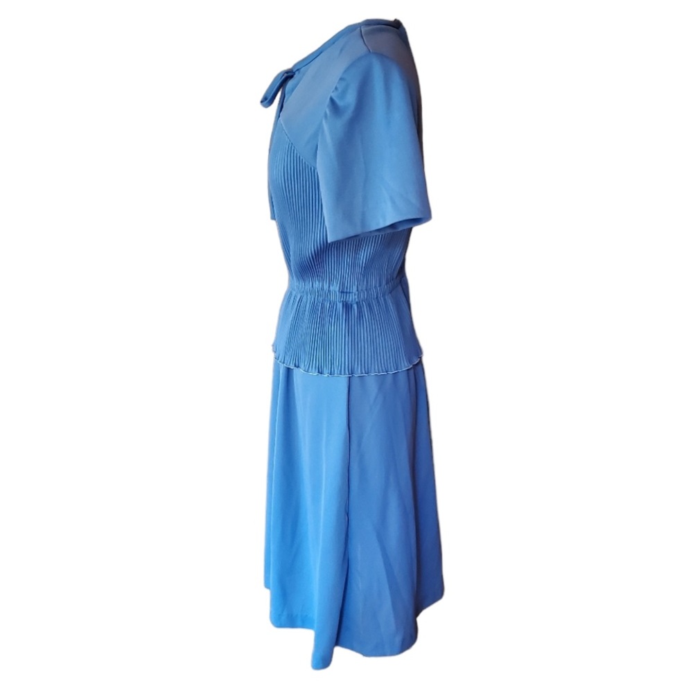 1970s Unlabeled Blue, Polyester Peplum Dress - Picture 4 of 5